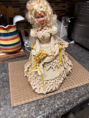 Vintage Blonde Doll in Cream Crochet Dress with Yellow Accents